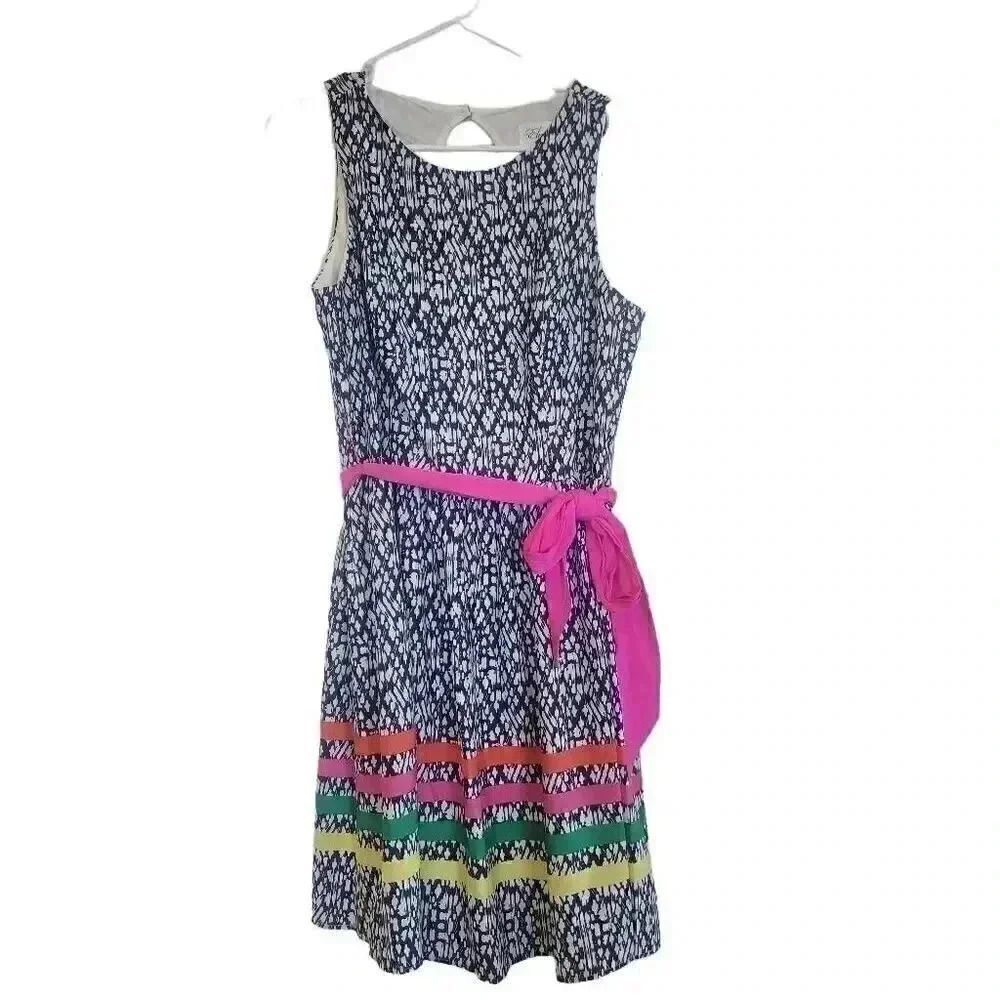 Eliza J Women's Navy & White Poly Print Colorful Striped Ribbons Pink Sash Sleev - Picture 3 of 14
